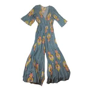 Jaase women's small blue jumpsuit wide leg romper one-piece boho crop fit vaca c